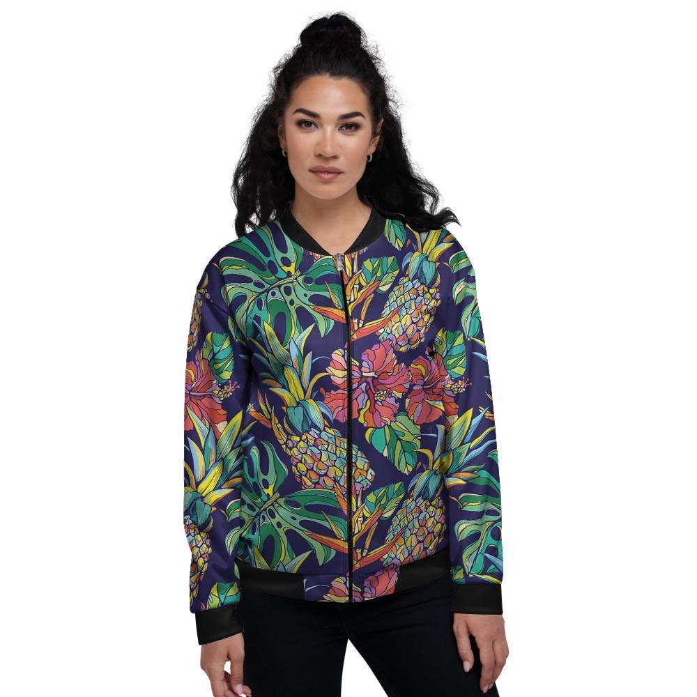 Tropical Floral Pineapple Print Women's Bomber Jacket-grizzshop