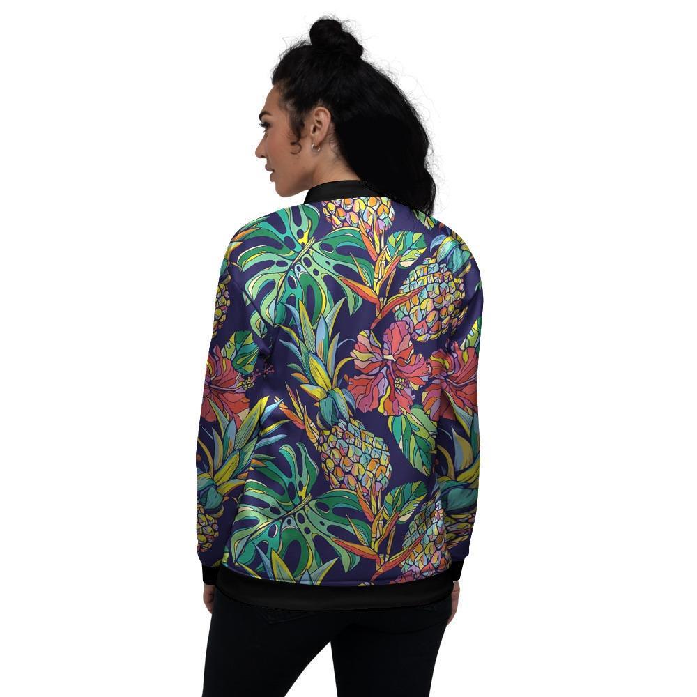 Tropical Floral Pineapple Print Women's Bomber Jacket-grizzshop