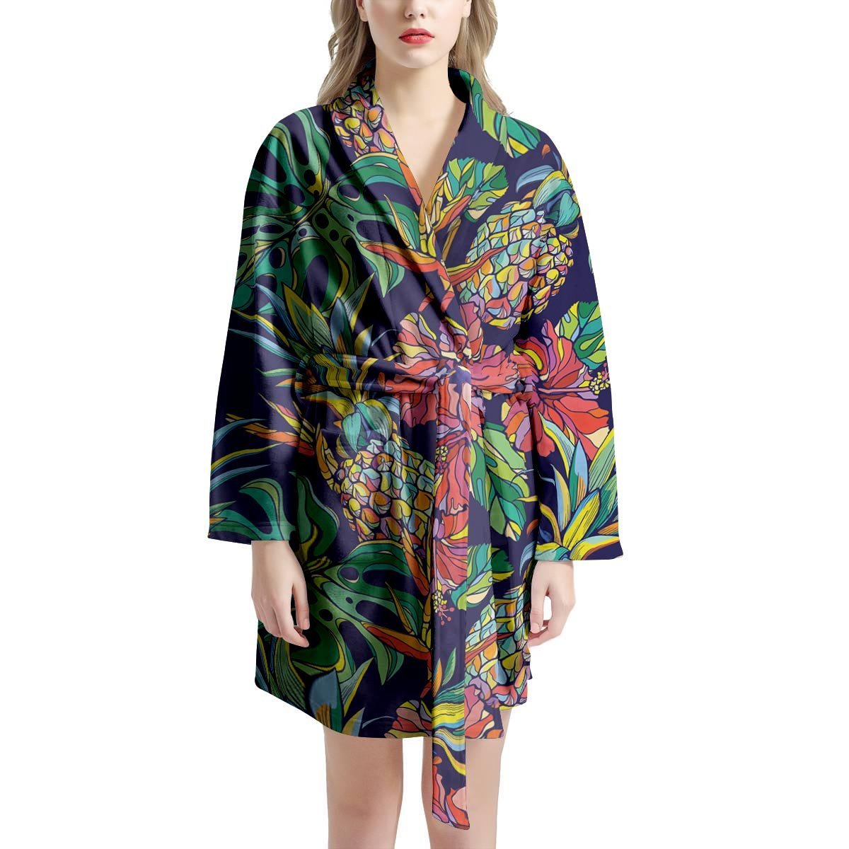 Tropical Floral Pineapple Print Women's Robe-grizzshop