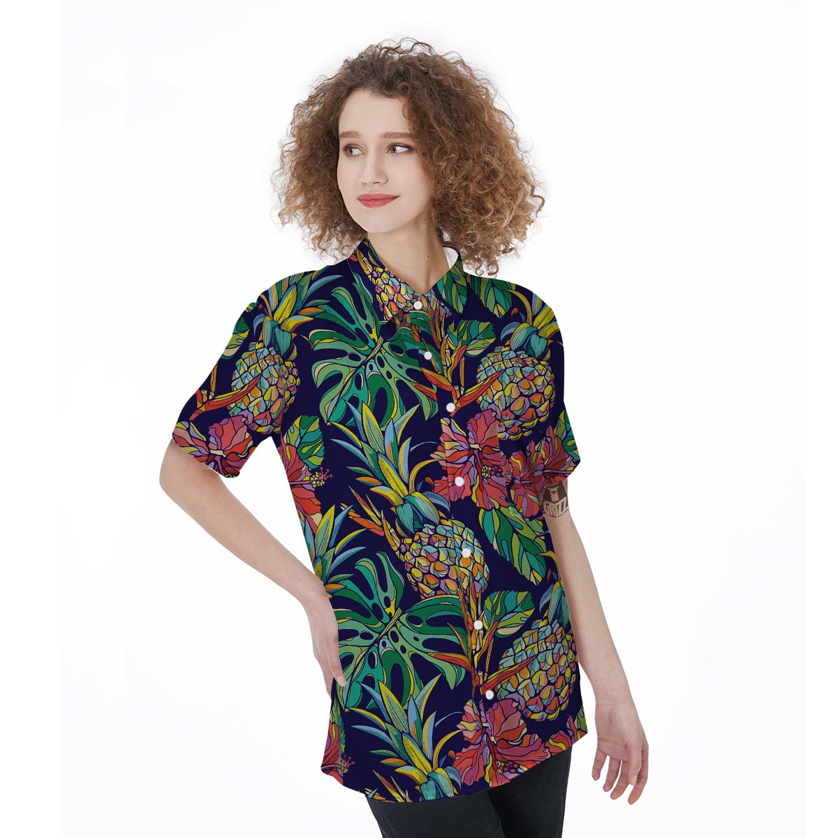 Tropical Floral Pineapple Print Women's Short Sleeve Shirts-grizzshop