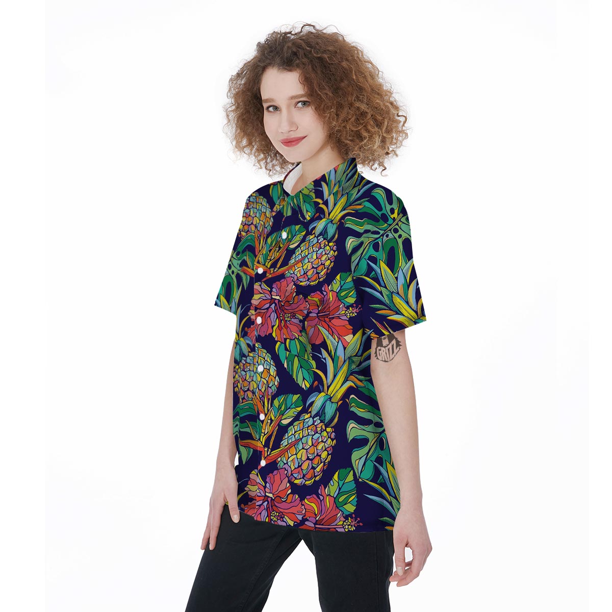 Tropical Floral Pineapple Print Women's Short Sleeve Shirts-grizzshop