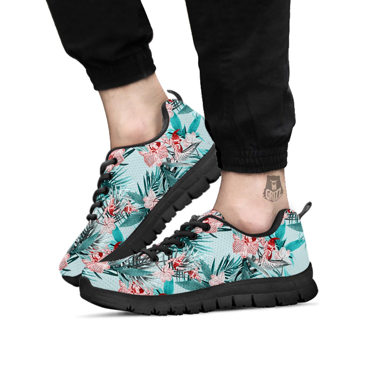 Tropical Floral Pink And Teal Print Pattern Black Sneaker-grizzshop