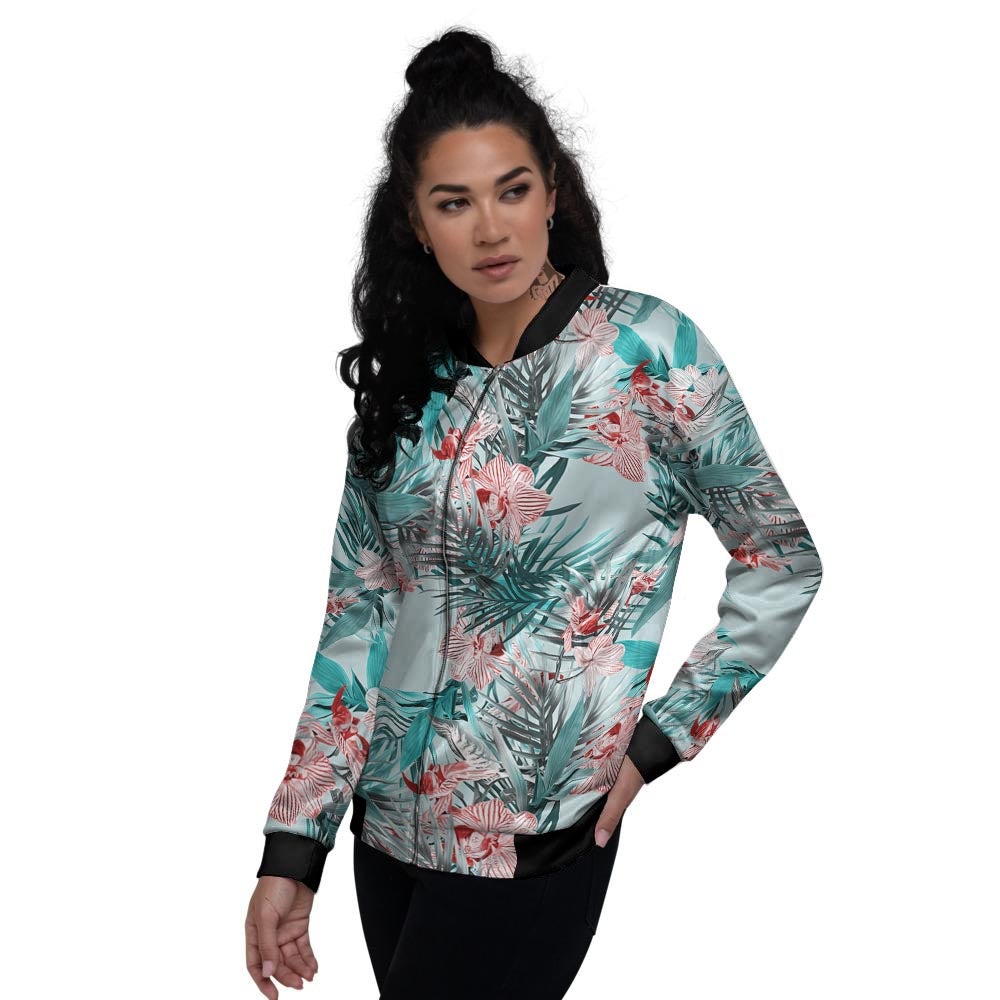 Tropical Floral Pink And Teal Print Pattern Women's Bomber Jacket-grizzshop