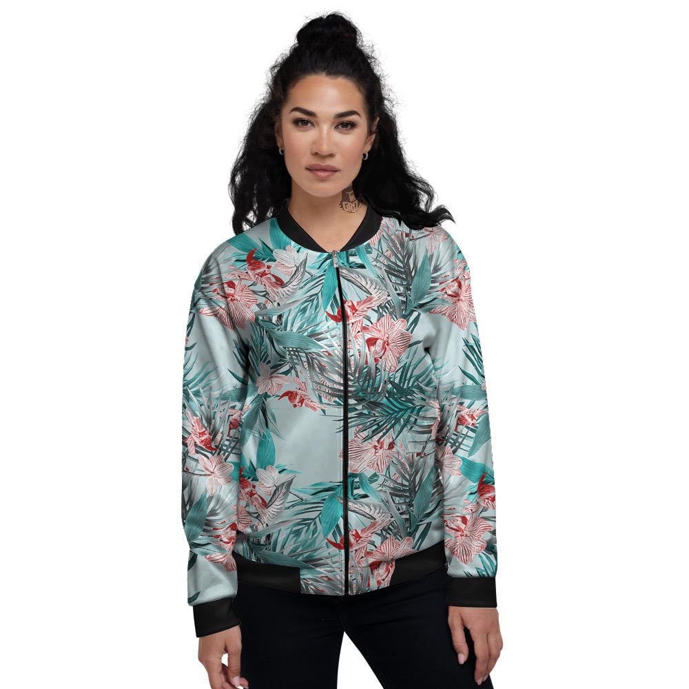 Tropical Floral Pink And Teal Print Pattern Women's Bomber Jacket-grizzshop