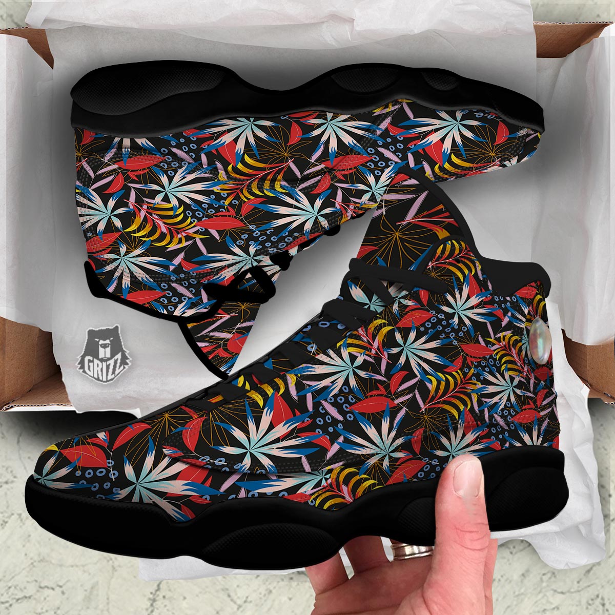 Tropical Floral Retro Hawaiian Print Pattern Black Basketball Shoes-grizzshop