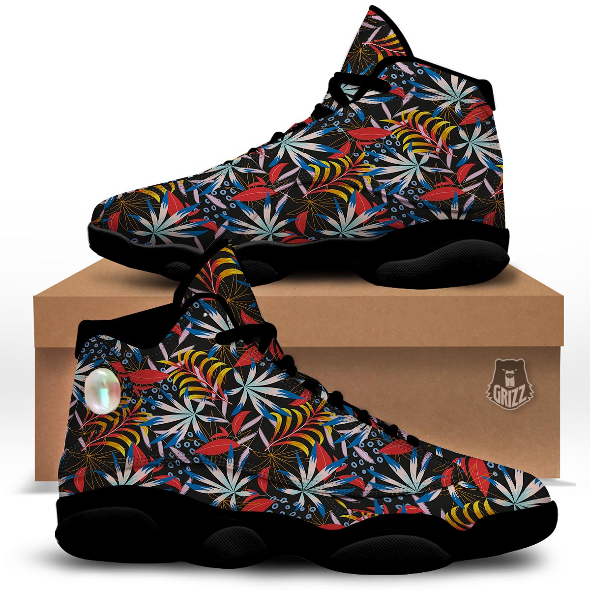 Tropical Floral Retro Hawaiian Print Pattern Black Basketball Shoes-grizzshop