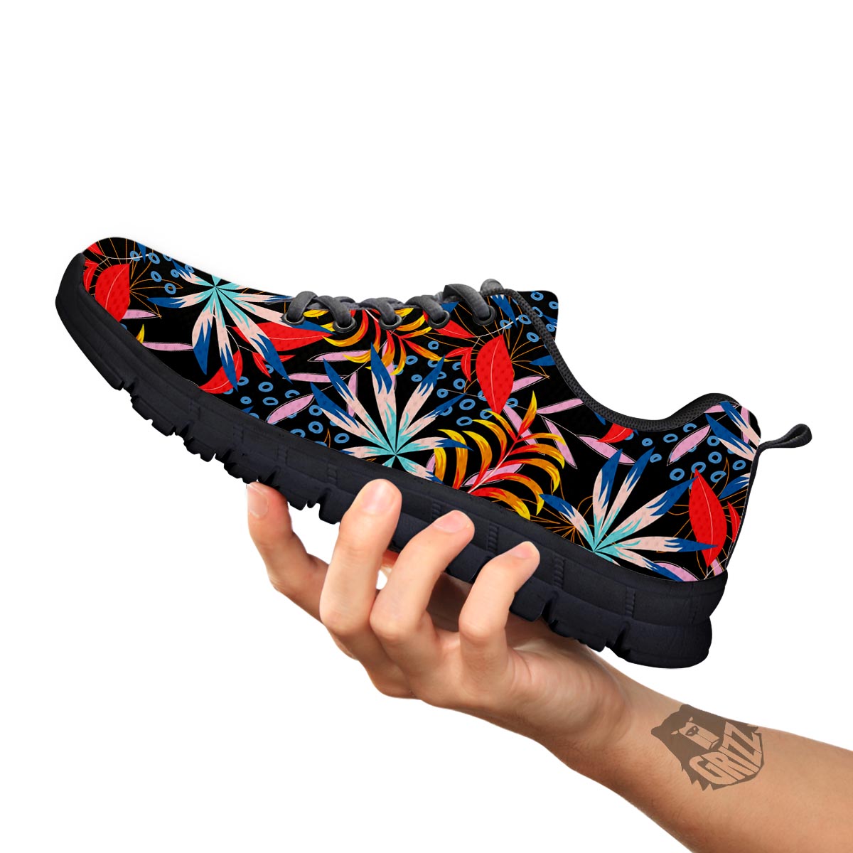 Tropical Floral Retro Hawaiian Print Pattern Black Sneaker-grizzshop