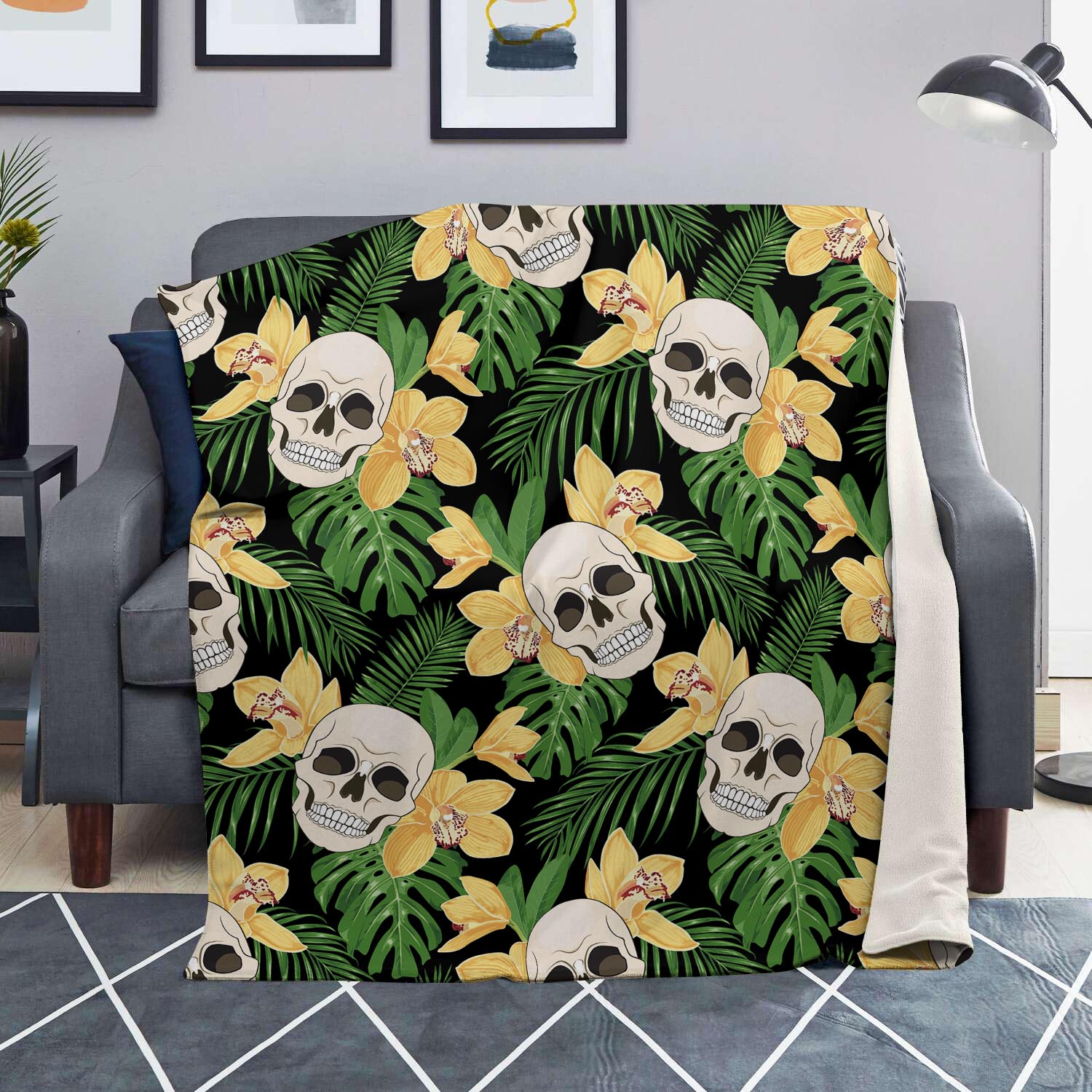 Tropical Floral Skull Blanket-grizzshop