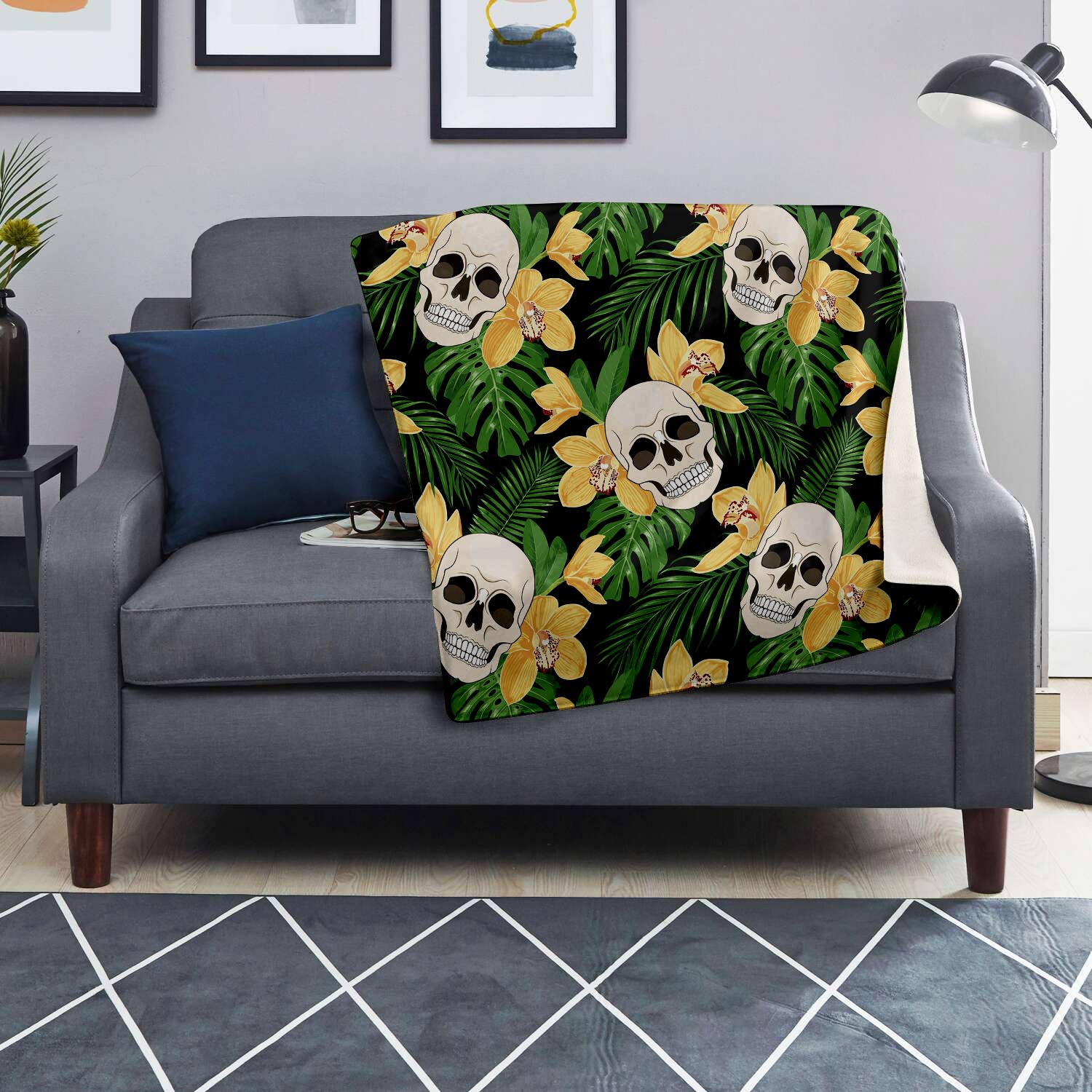 Tropical Floral Skull Blanket-grizzshop