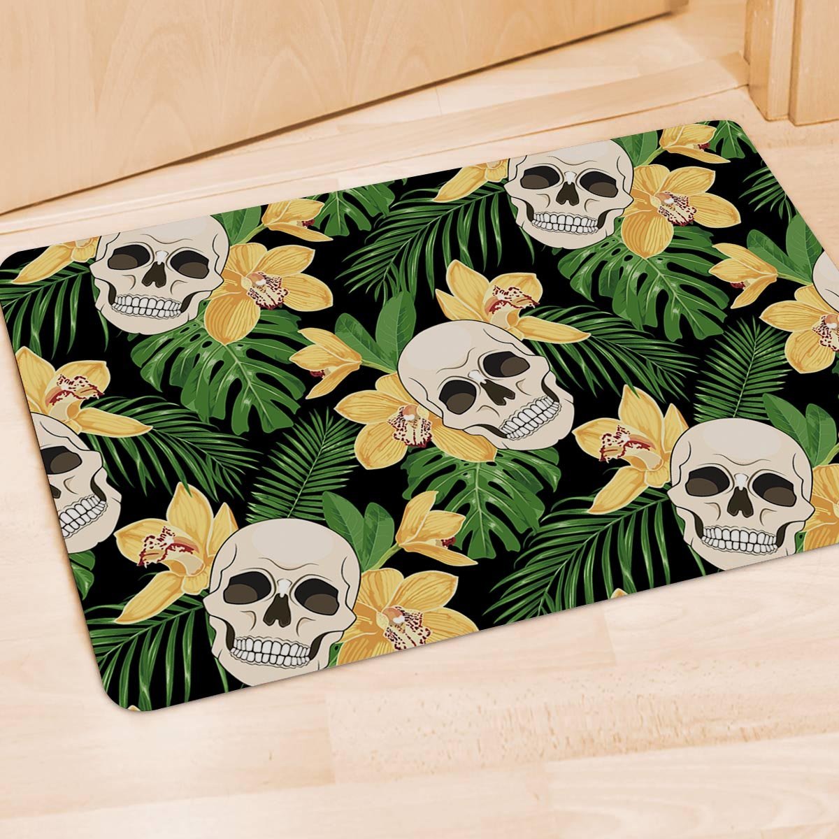 Tropical Floral Skull Door Mat-grizzshop