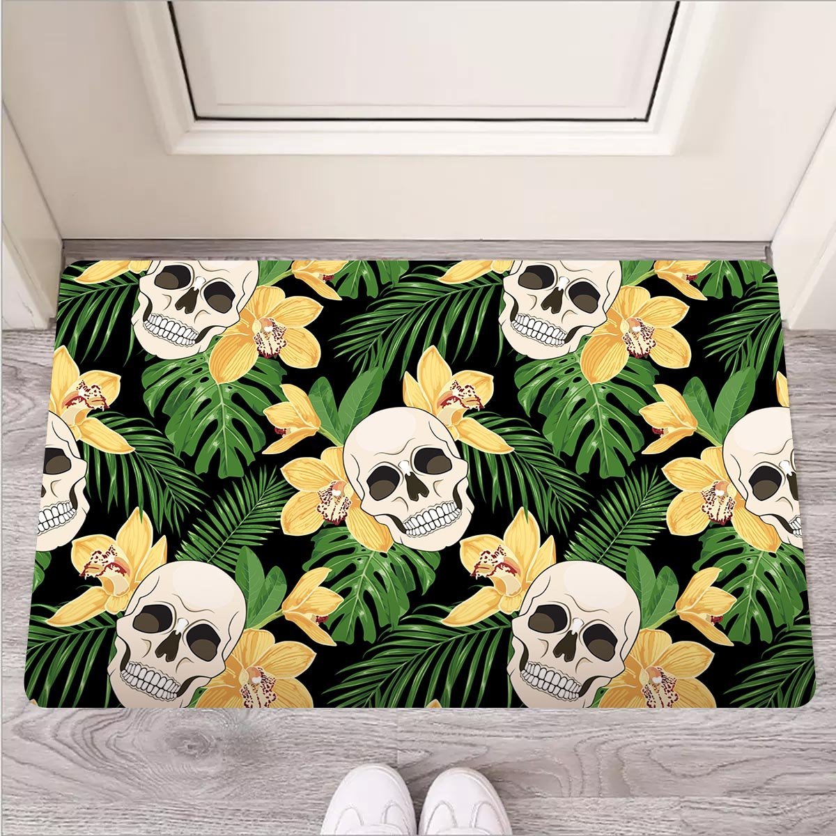 Tropical Floral Skull Door Mat-grizzshop