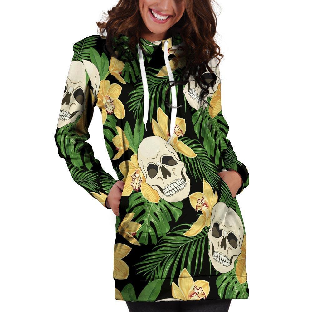 Tropical Floral Skull Hoodie Dress-grizzshop