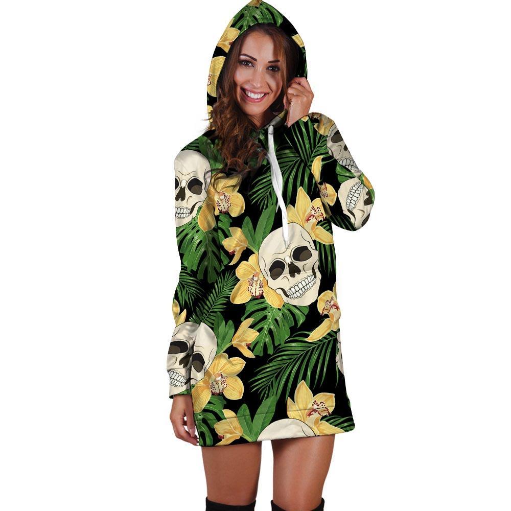 Tropical Floral Skull Hoodie Dress-grizzshop