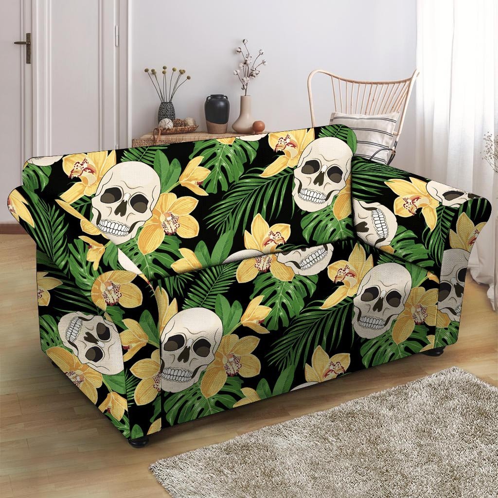 Tropical Floral Skull Loveseat Cover-grizzshop