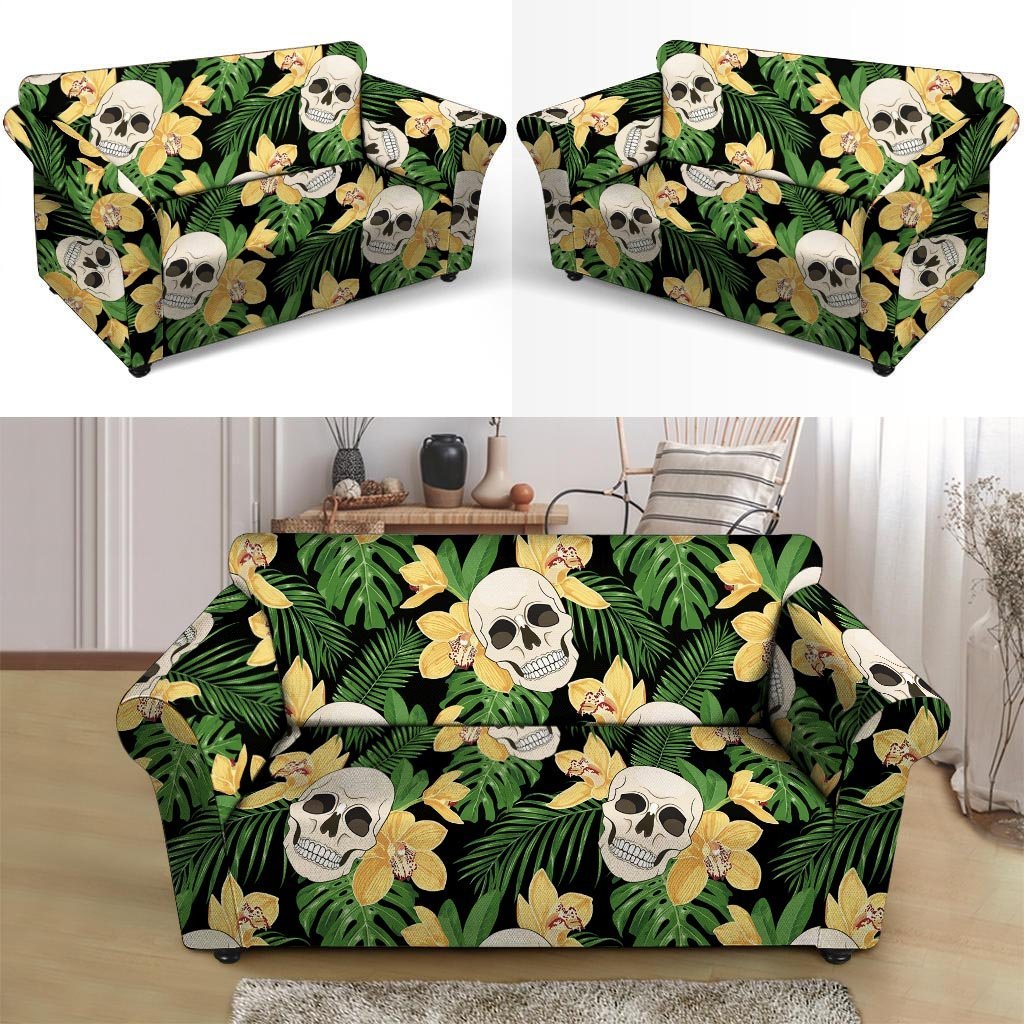 Tropical Floral Skull Loveseat Cover-grizzshop