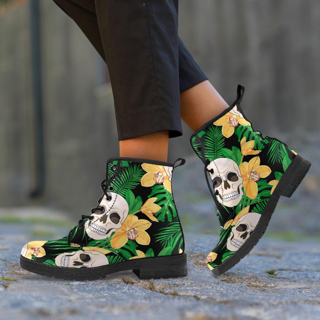 Tropical Floral Skull Men's Boots-grizzshop