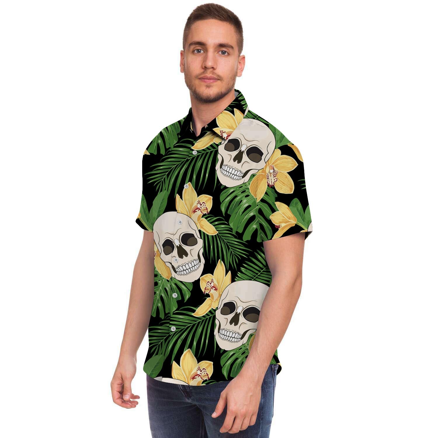 Tropical Floral Skull Men's Short Sleeve Shirt-grizzshop