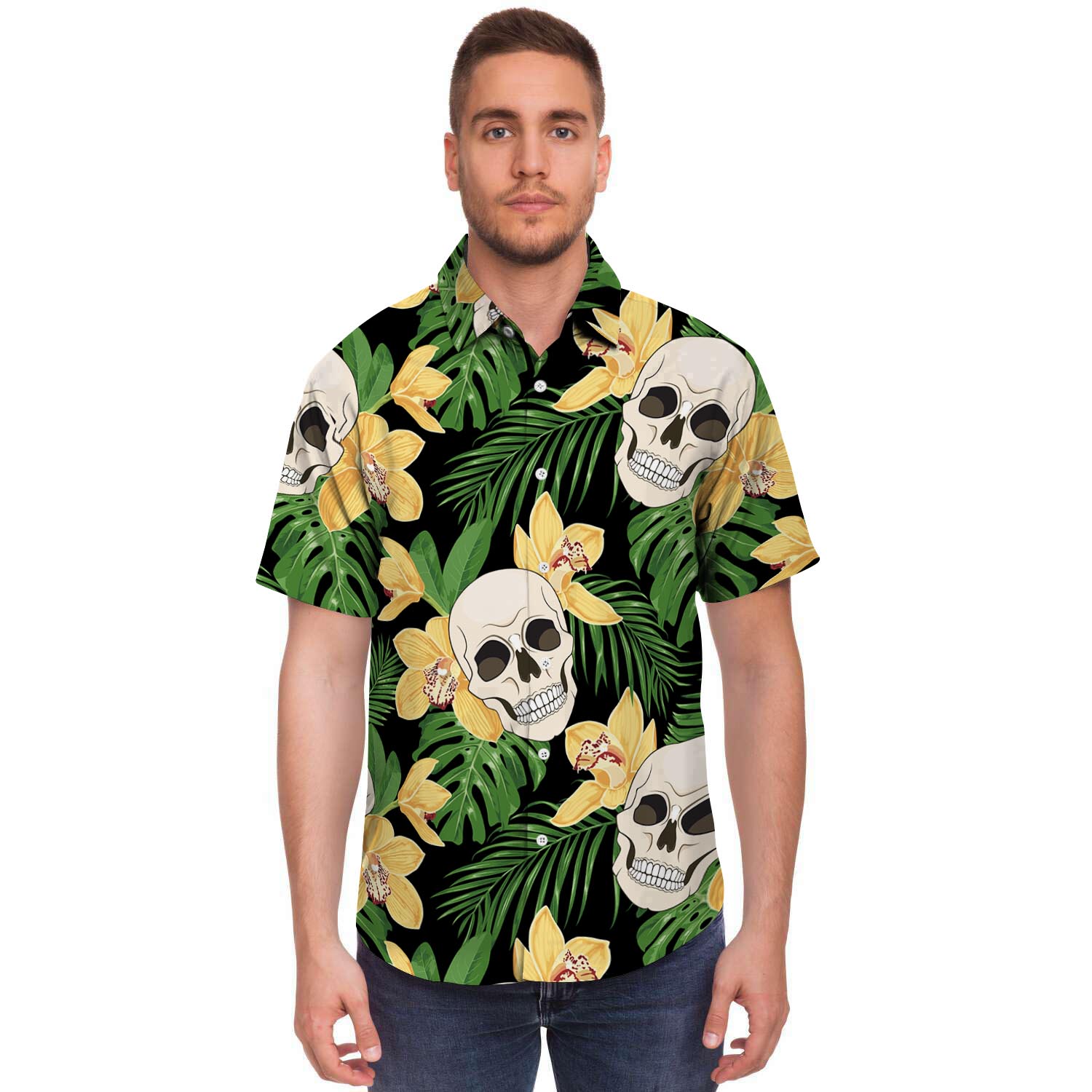 Tropical Floral Skull Men's Short Sleeve Shirt-grizzshop