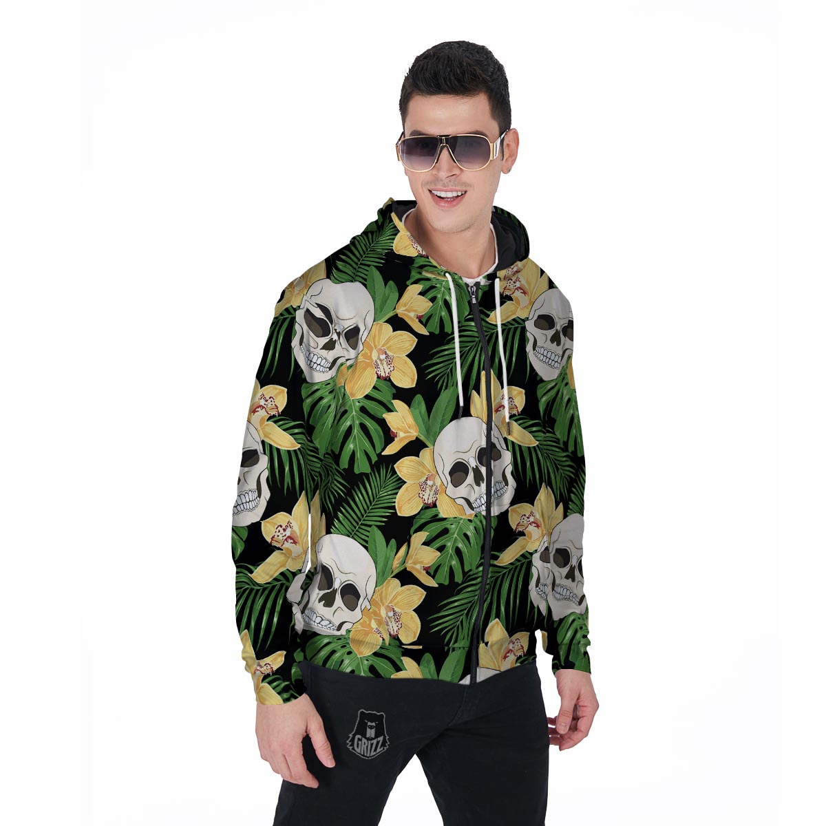 Tropical Floral Skull Men's Zip Up Hoodie-grizzshop