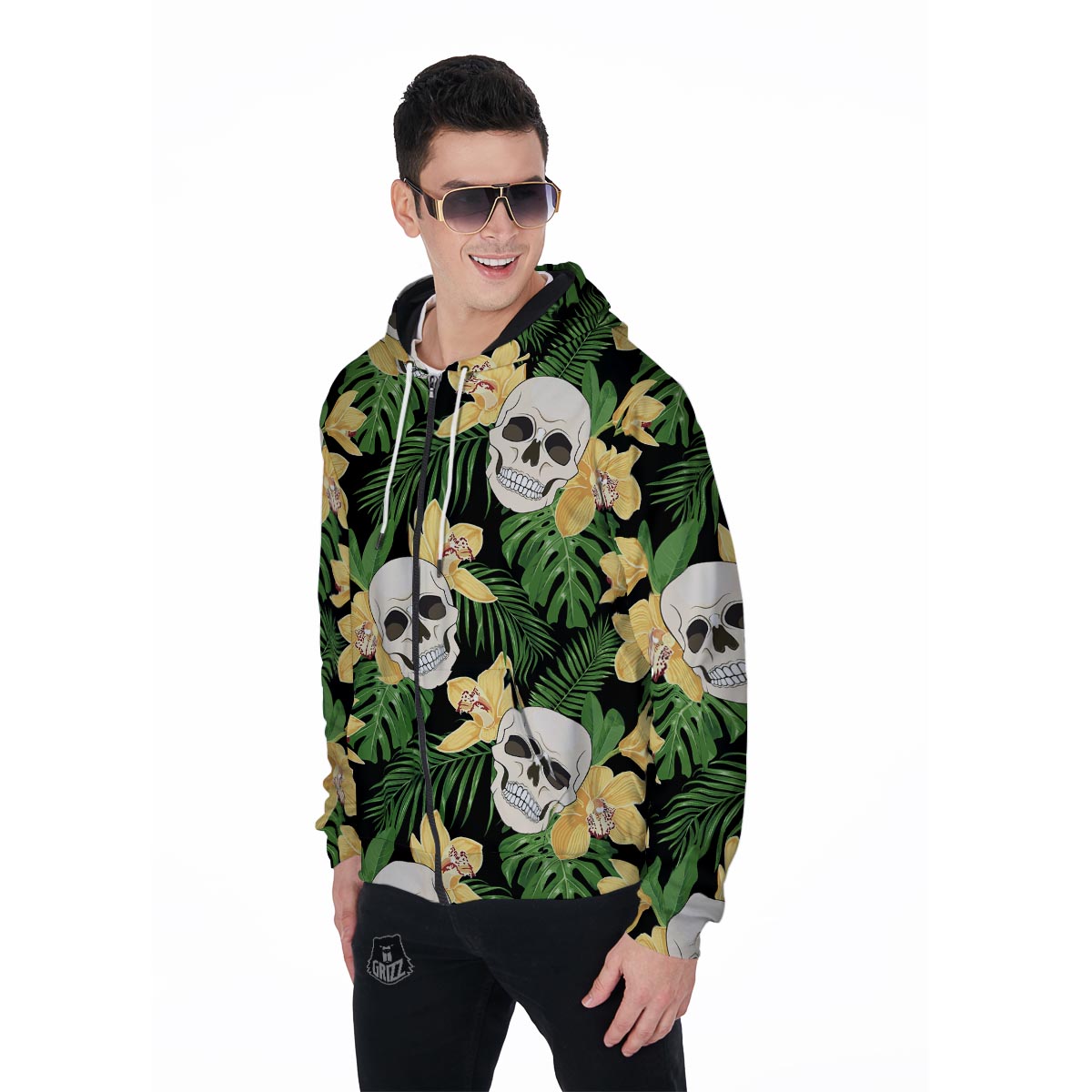Tropical Floral Skull Men's Zip Up Hoodie-grizzshop
