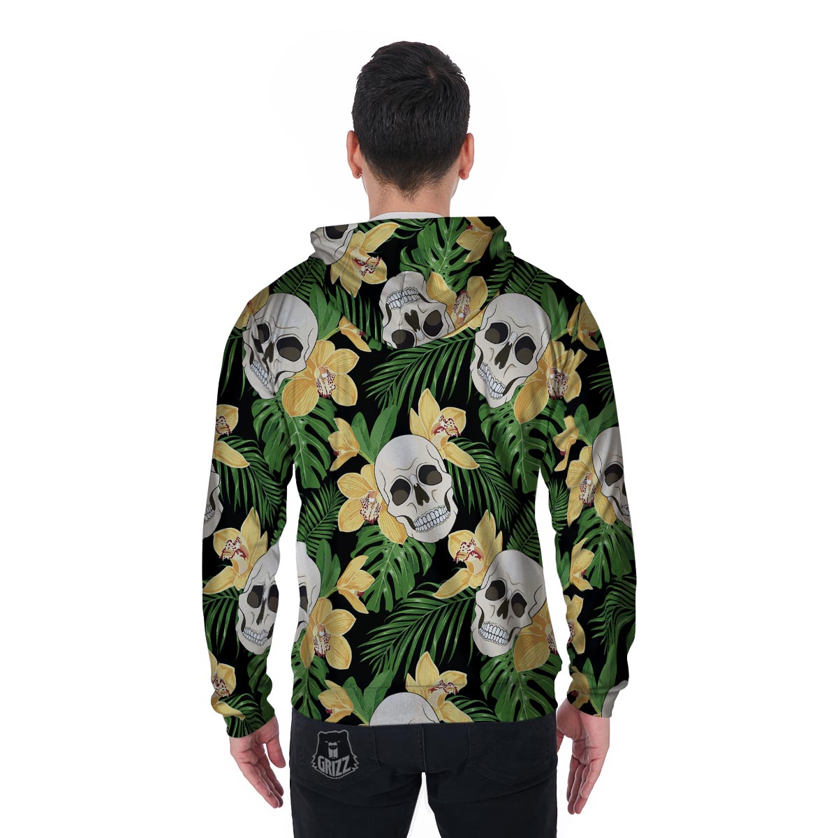 Tropical Floral Skull Men's Zip Up Hoodie-grizzshop
