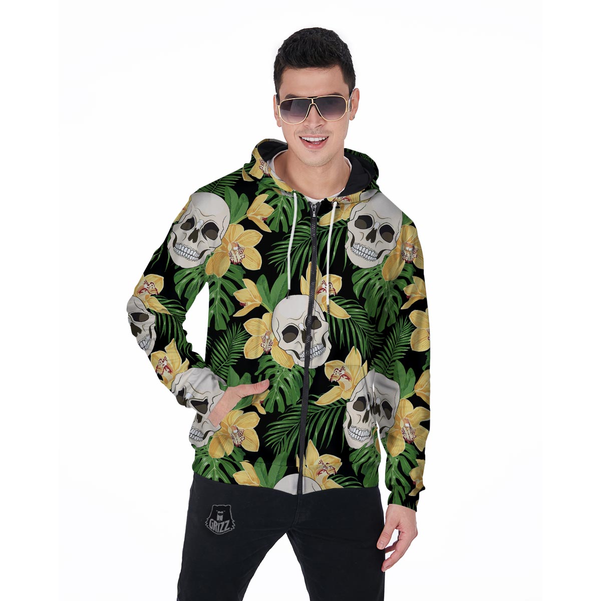 Tropical Floral Skull Men's Zip Up Hoodie-grizzshop