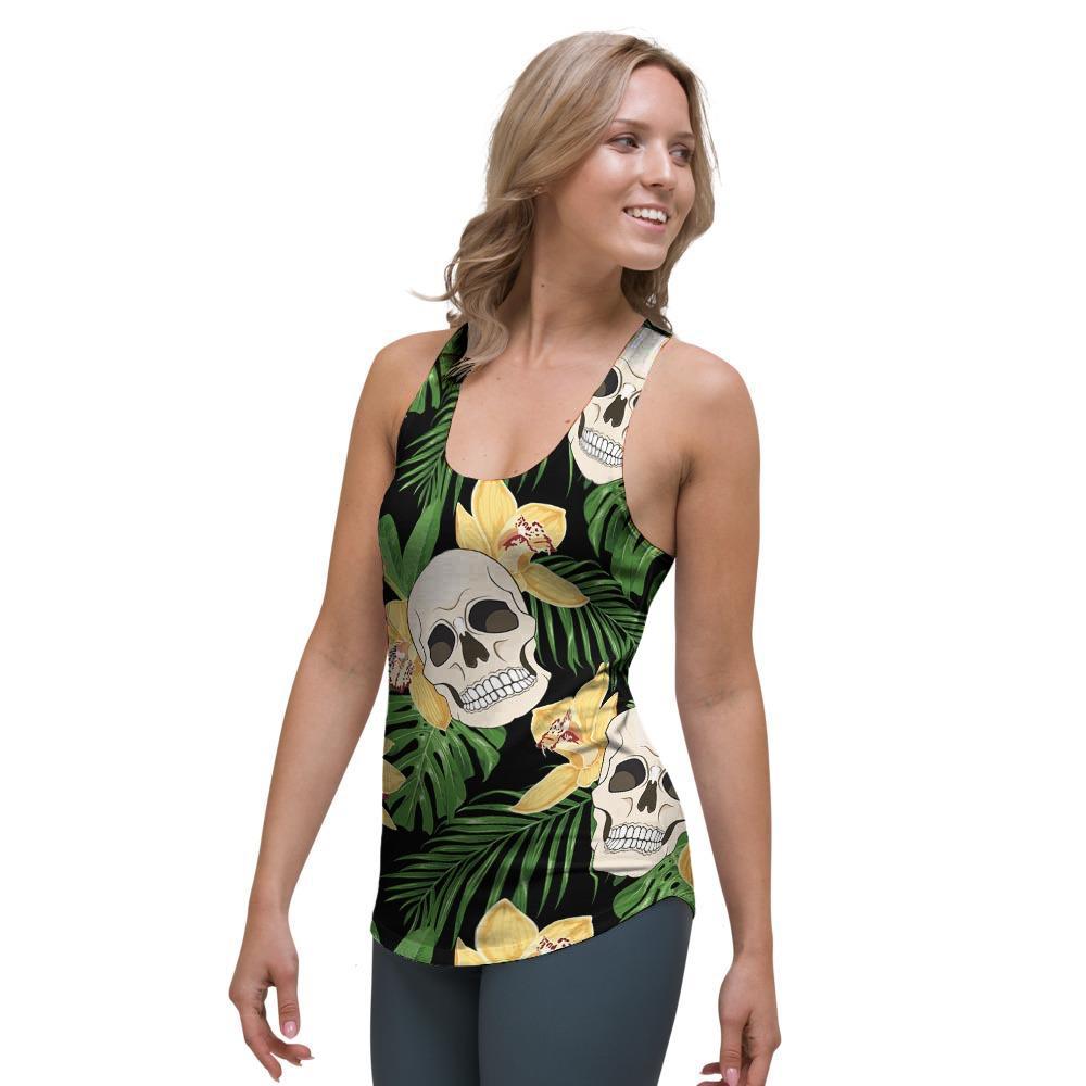 Tropical Floral Skull Women's Racerback Tank Top-grizzshop