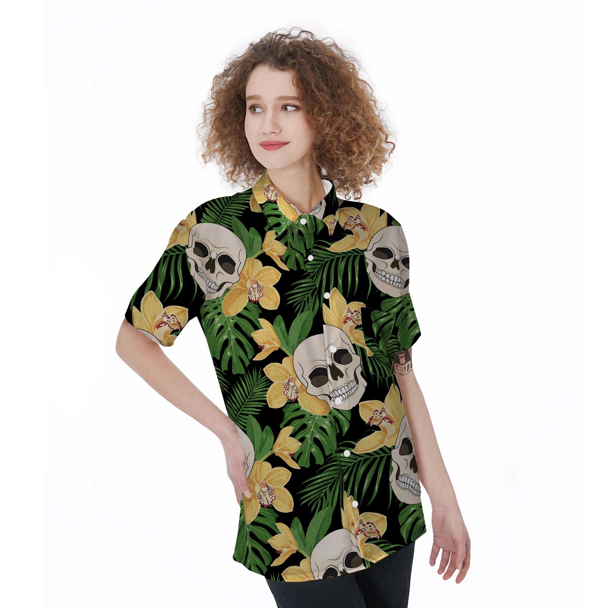 Tropical Floral Skull Women's Short Sleeve Shirts-grizzshop