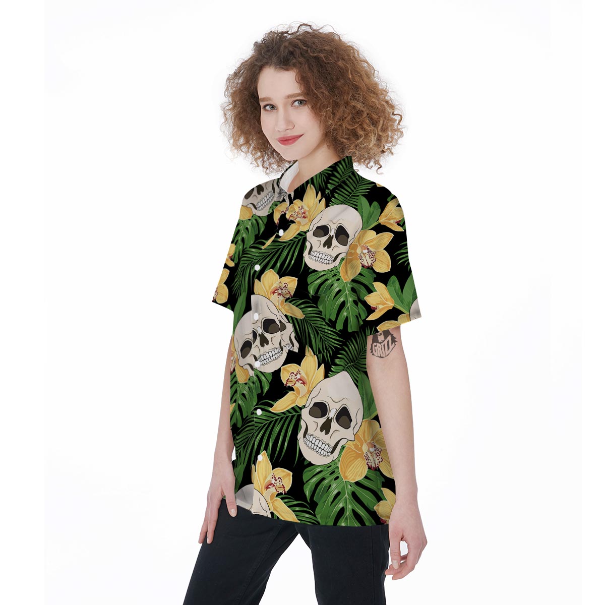 Tropical Floral Skull Women's Short Sleeve Shirts-grizzshop
