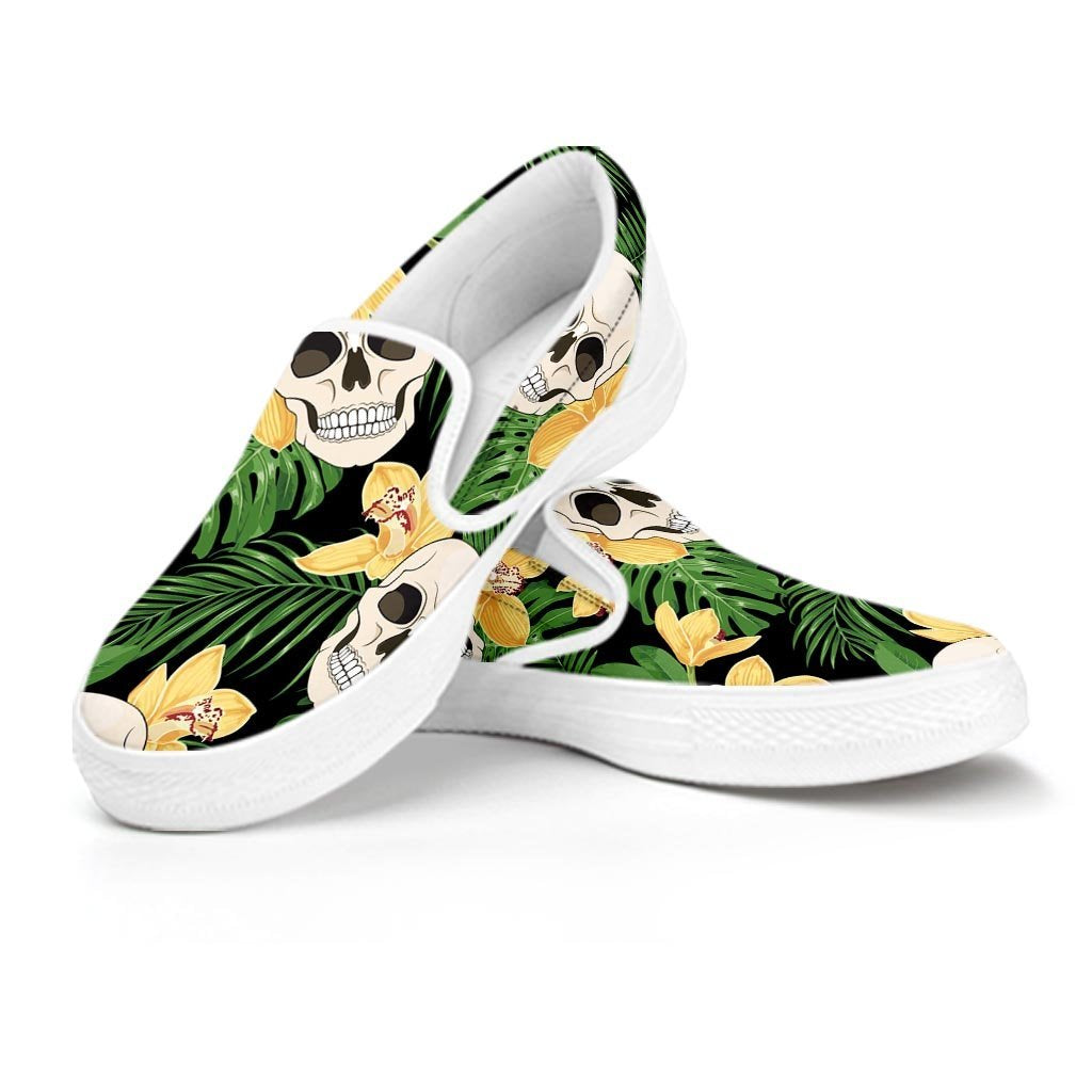 Tropical Floral Skull Women's Slip On Sneakers-grizzshop