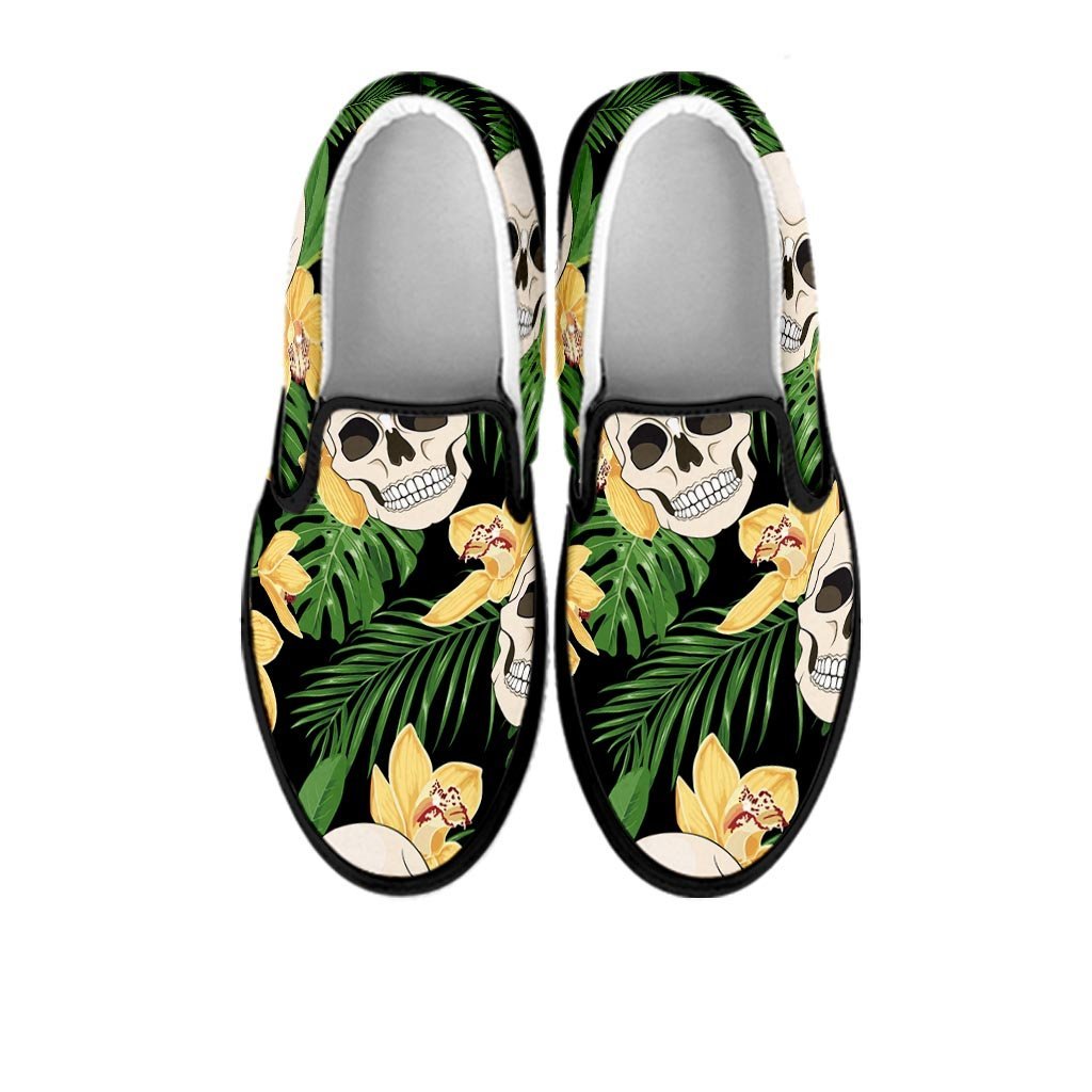 Tropical Floral Skull Women's Slip On Sneakers-grizzshop