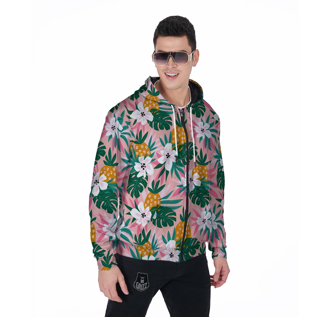 Tropical Flower Hawaiian Pineapple Print Men's Zip Up Hoodie-grizzshop