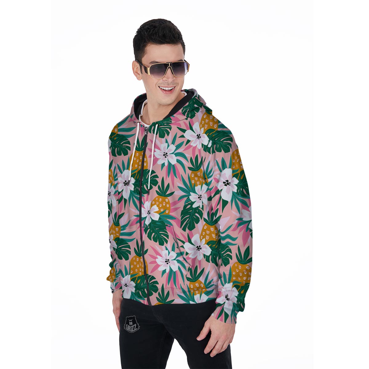 Tropical Flower Hawaiian Pineapple Print Men's Zip Up Hoodie-grizzshop