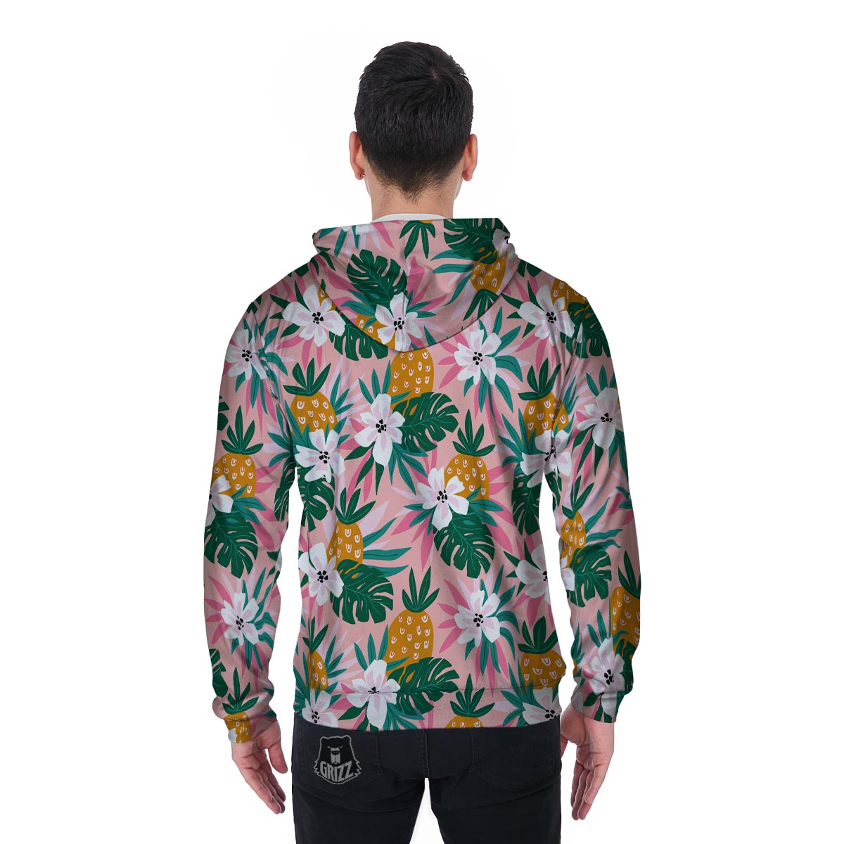Tropical Flower Hawaiian Pineapple Print Men's Zip Up Hoodie-grizzshop
