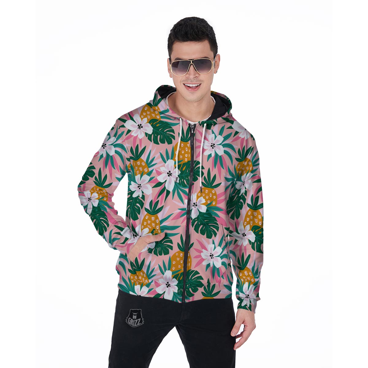 Tropical Flower Hawaiian Pineapple Print Men's Zip Up Hoodie-grizzshop
