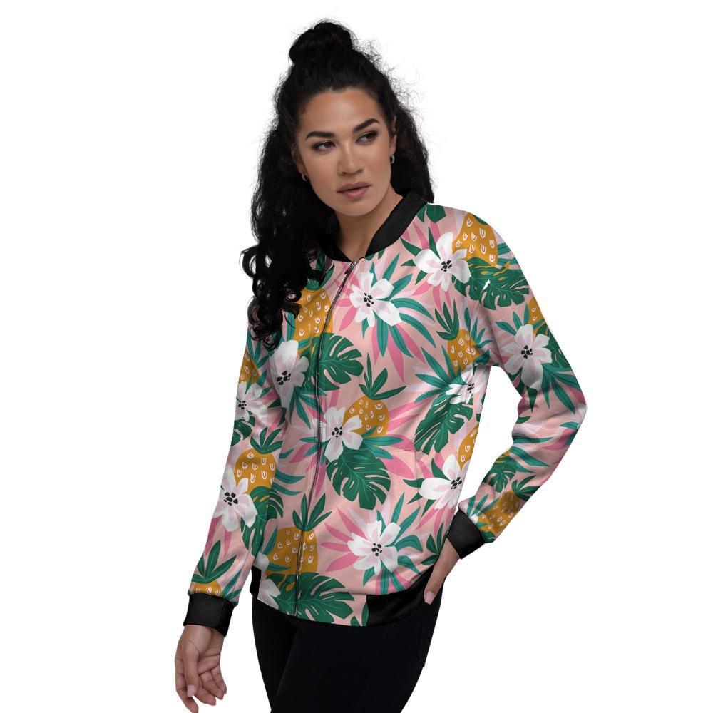 Tropical Flower Hawaiian Pineapple Print Women's Bomber Jacket-grizzshop