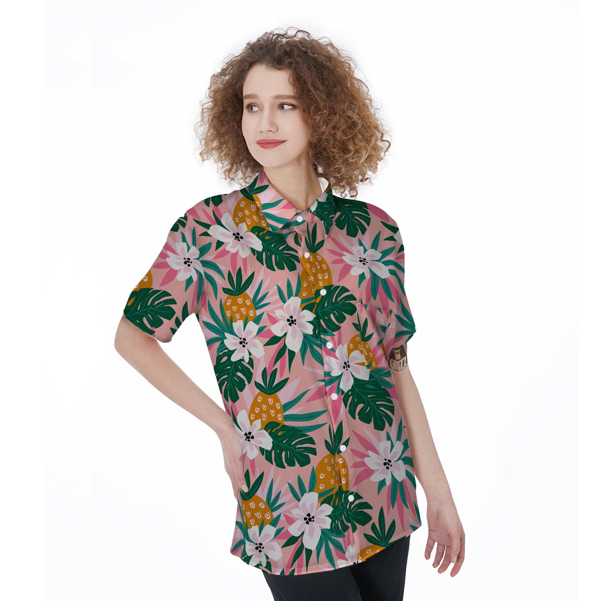 Tropical Flower Hawaiian Pineapple Print Women's Short Sleeve Shirts-grizzshop