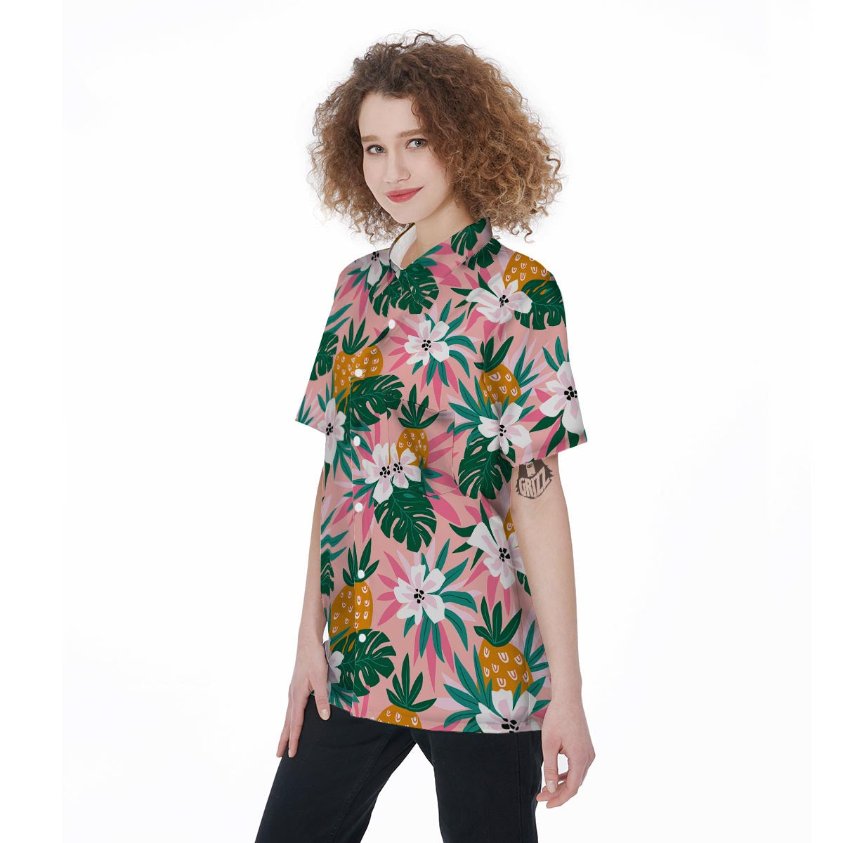 Tropical Flower Hawaiian Pineapple Print Women's Short Sleeve Shirts-grizzshop