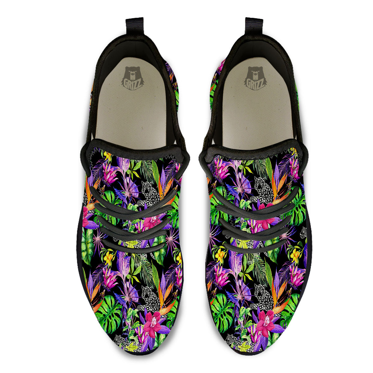 Tropical Flower Leaf Light Print Pattern Black Athletic Shoes-grizzshop
