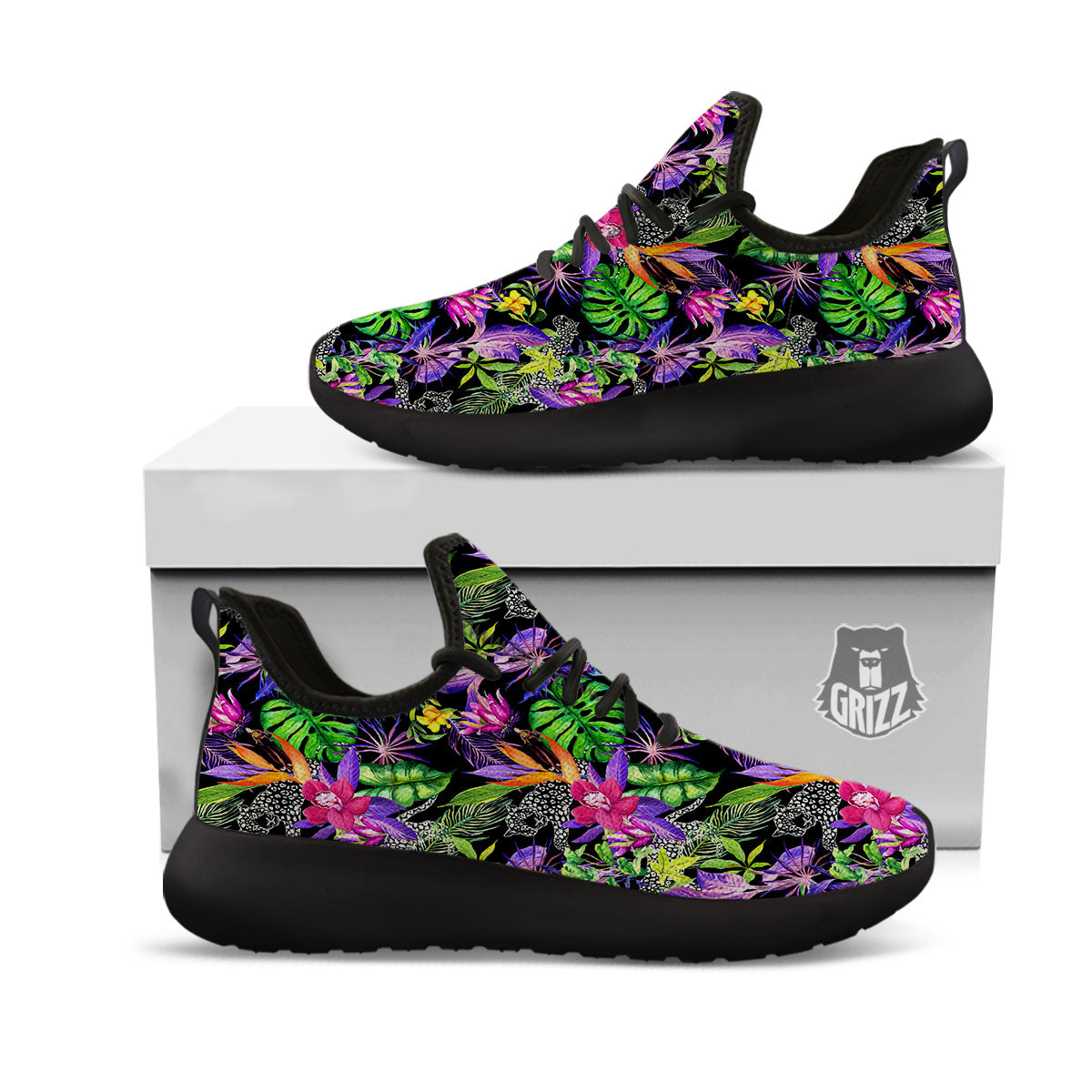 Tropical Flower Leaf Light Print Pattern Black Athletic Shoes-grizzshop