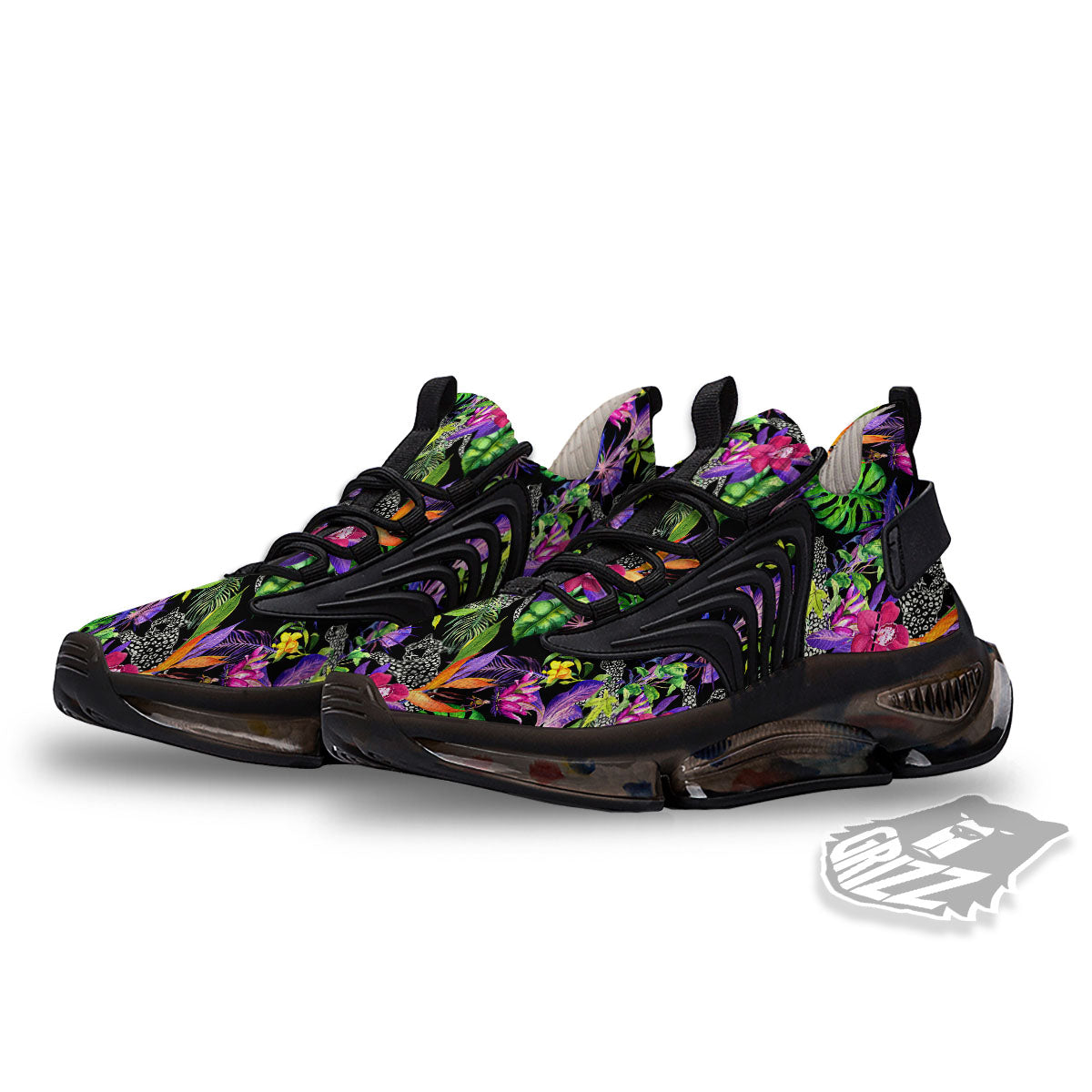 Tropical Flower Leaf Light Print Pattern Black Gym Shoes-grizzshop
