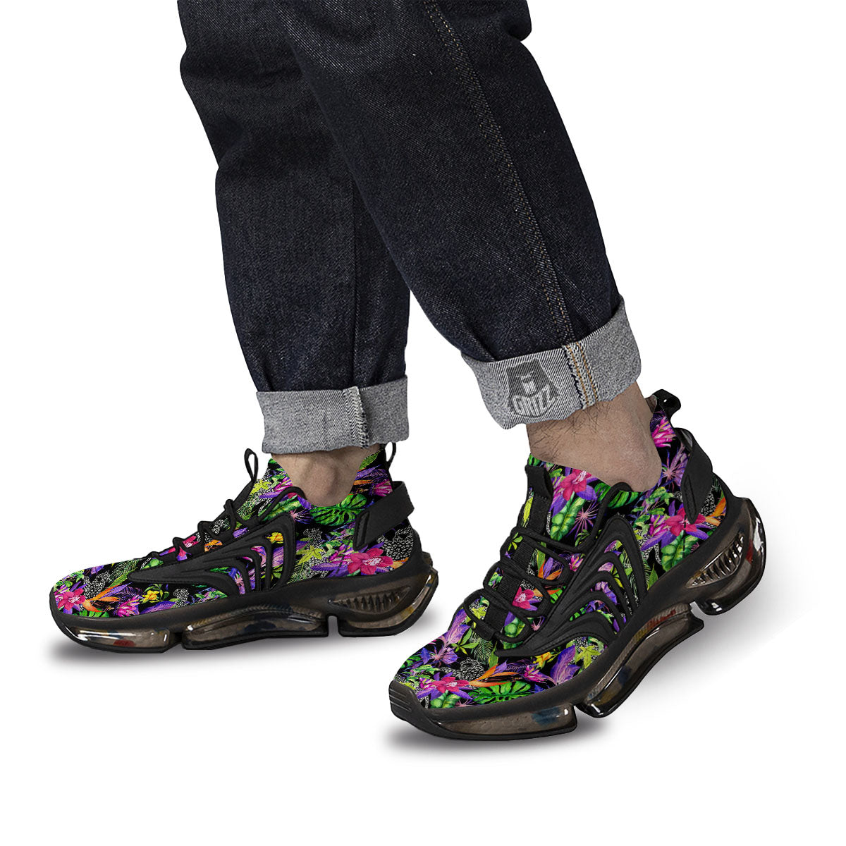 Tropical Flower Leaf Light Print Pattern Black Gym Shoes-grizzshop