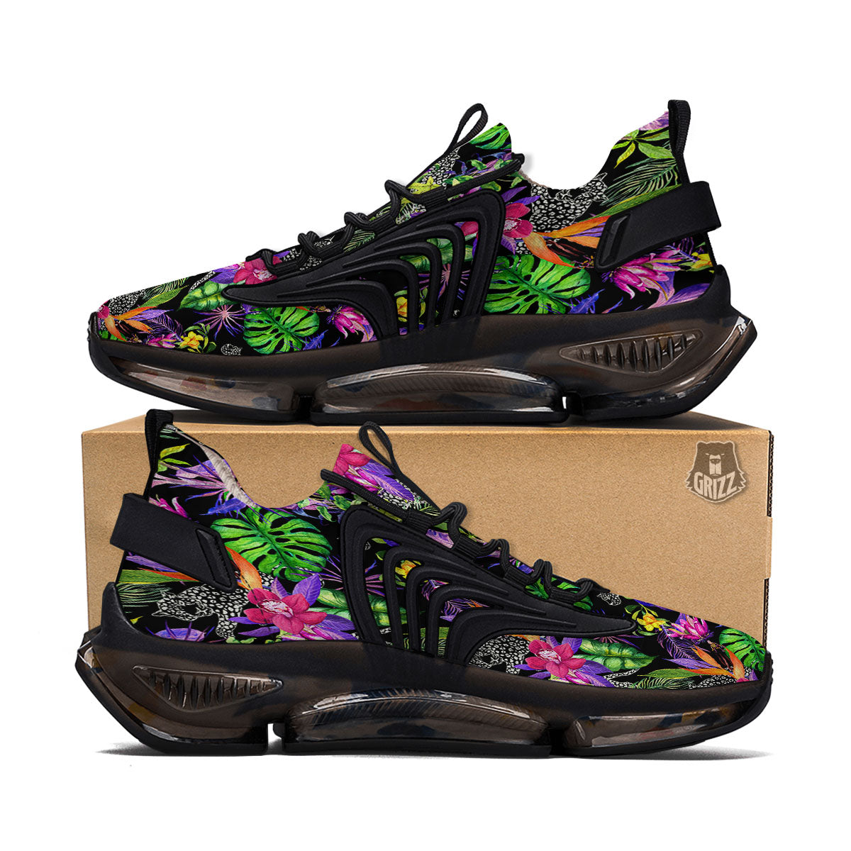Tropical Flower Leaf Light Print Pattern Black Gym Shoes-grizzshop