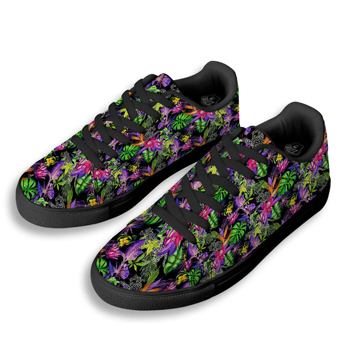 Tropical Flower Leaf Light Print Pattern Black Low Top Sneakers-grizzshop