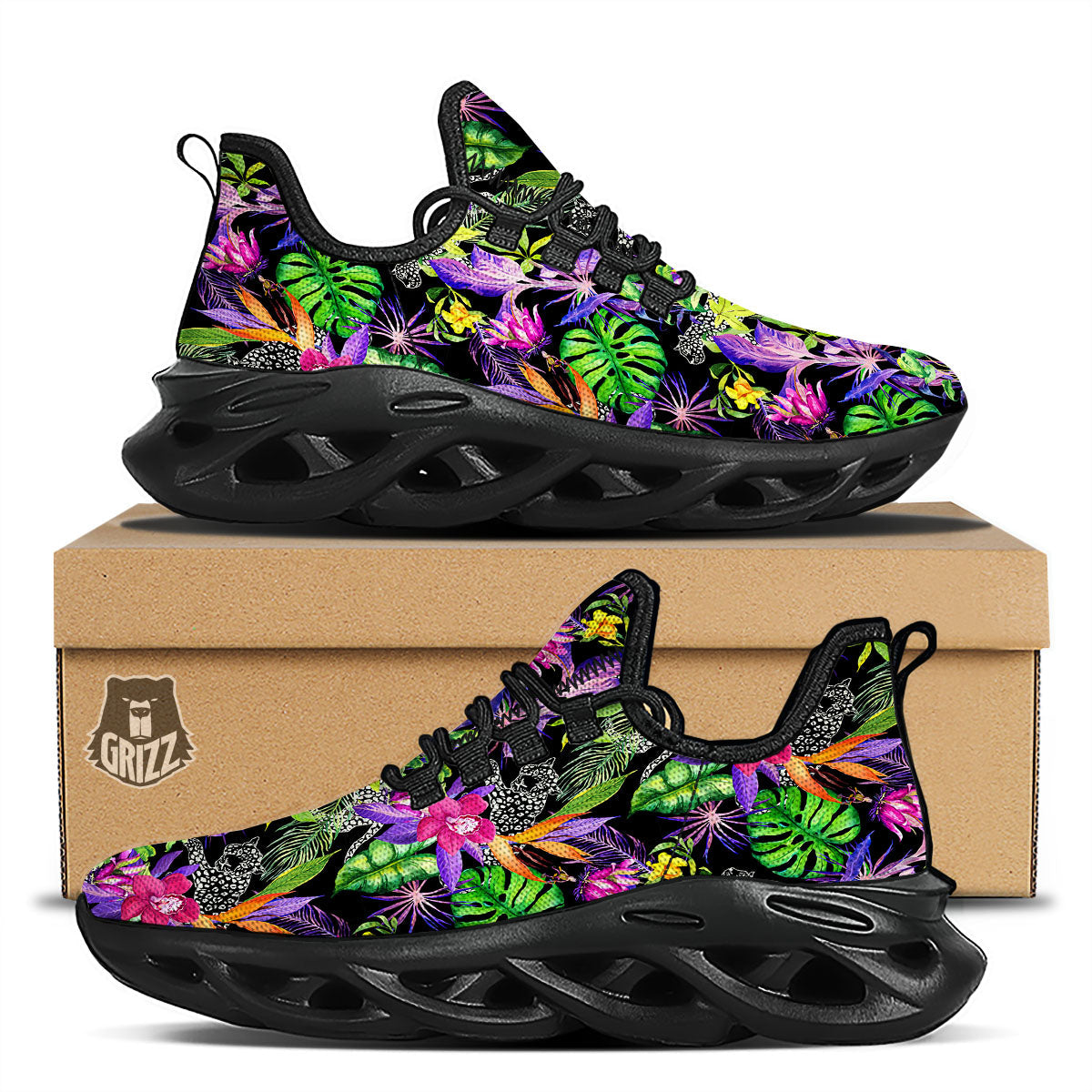 Tropical Flower Leaf Light Print Pattern Black Running Shoes-grizzshop