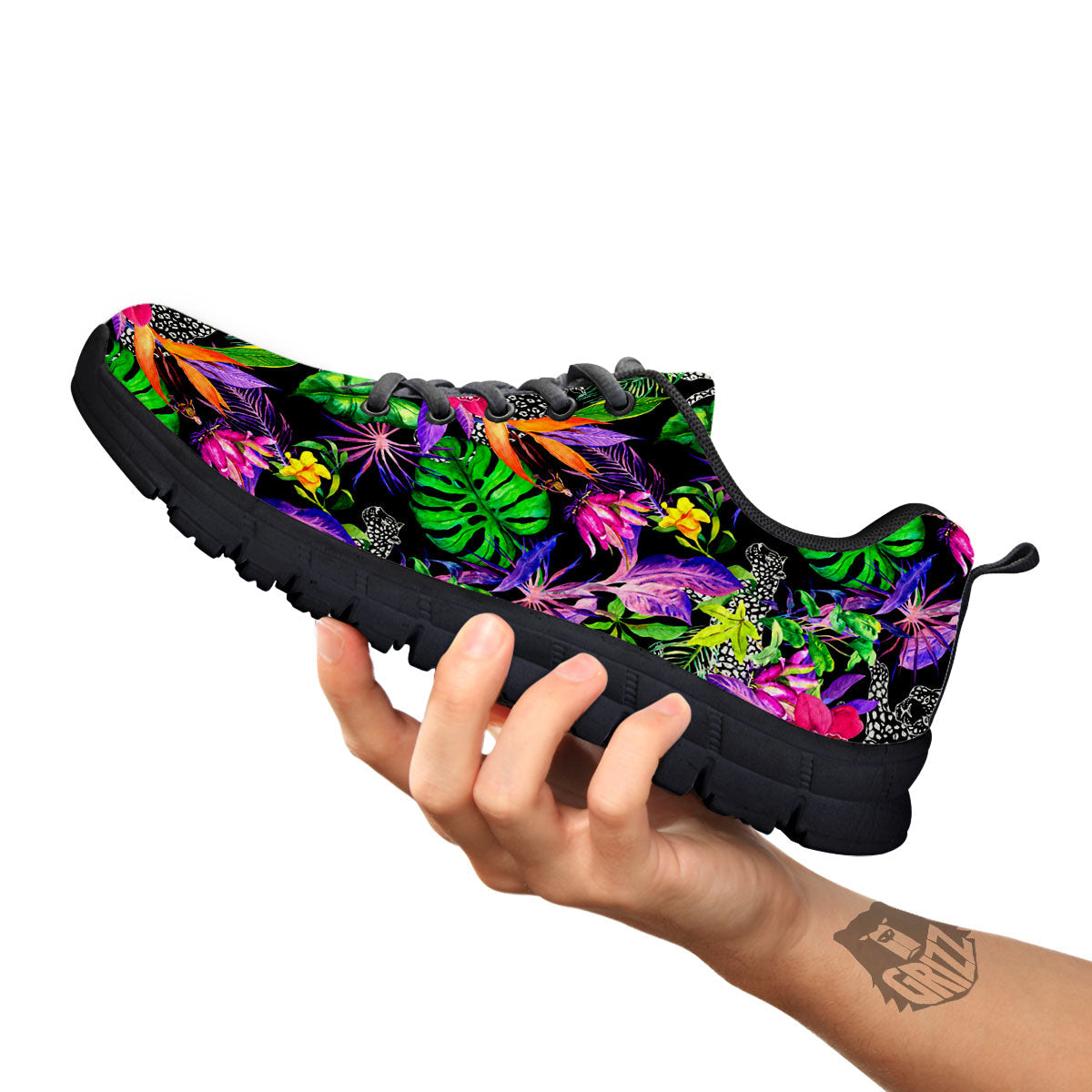 Tropical Flower Leaf Light Print Pattern Black Sneaker-grizzshop