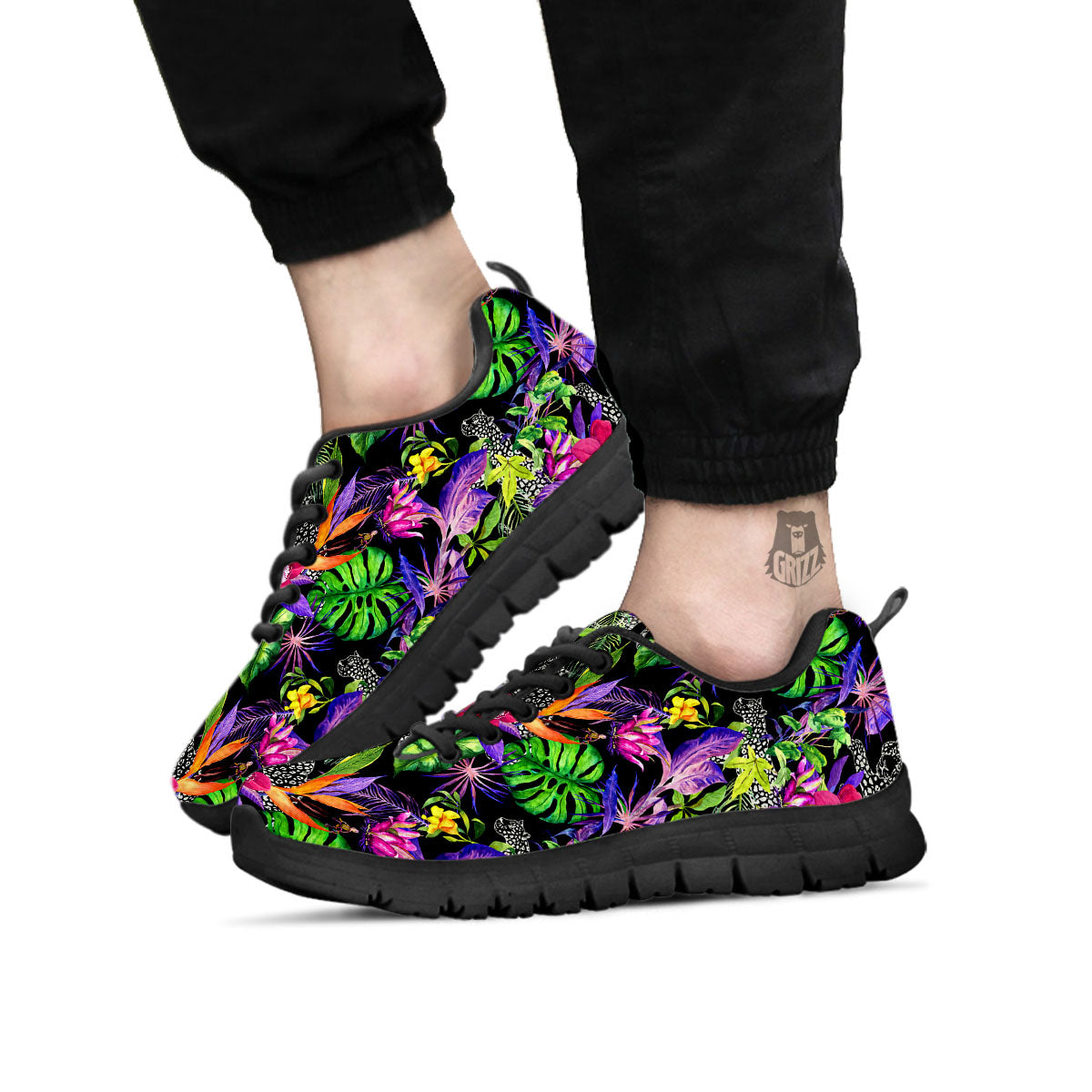 Tropical Flower Leaf Light Print Pattern Black Sneaker-grizzshop