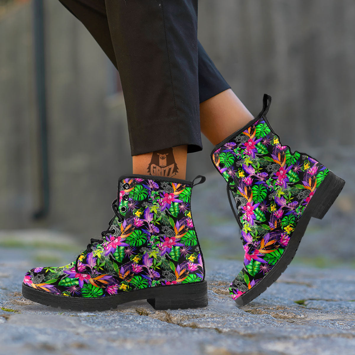 Tropical Flower Leaf Light Print Pattern Leather Boots-grizzshop