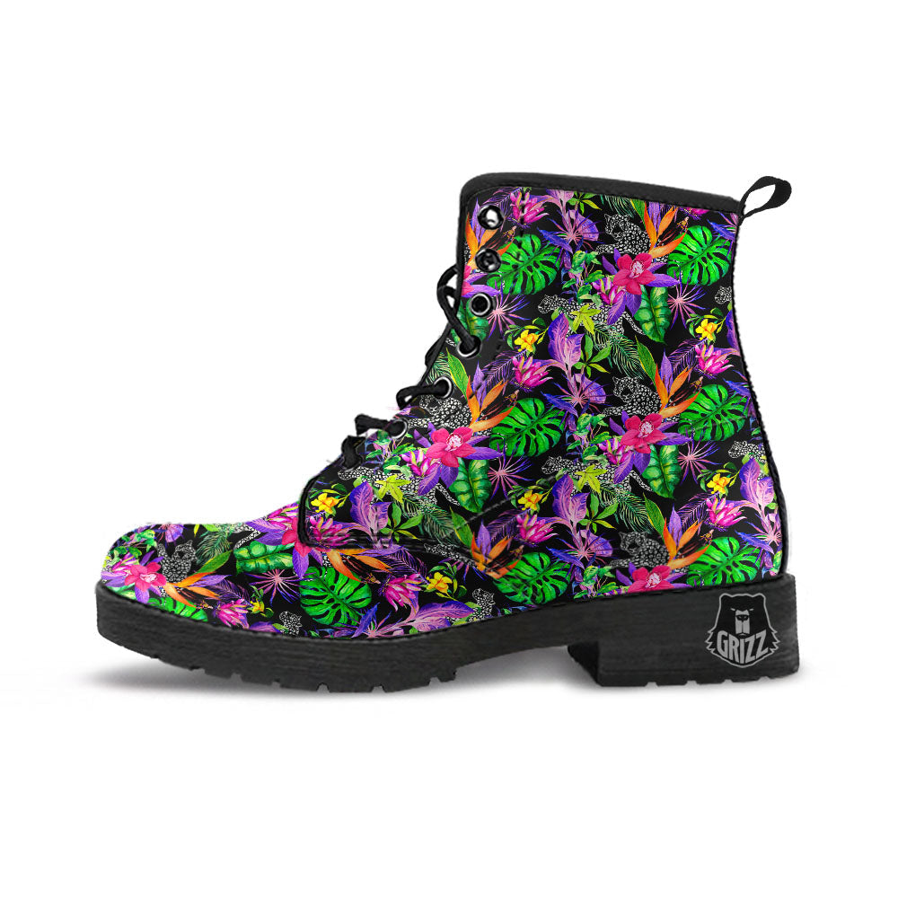 Tropical Flower Leaf Light Print Pattern Leather Boots-grizzshop
