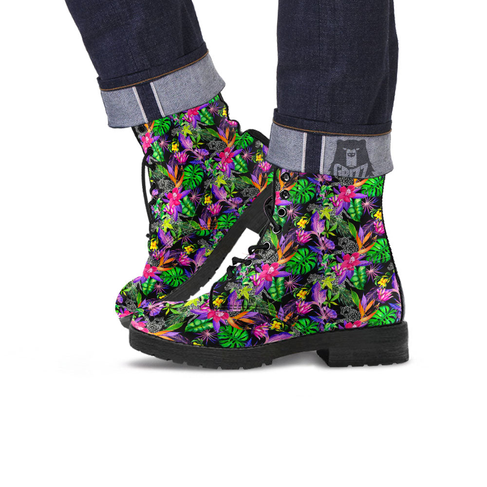 Tropical Flower Leaf Light Print Pattern Leather Boots-grizzshop